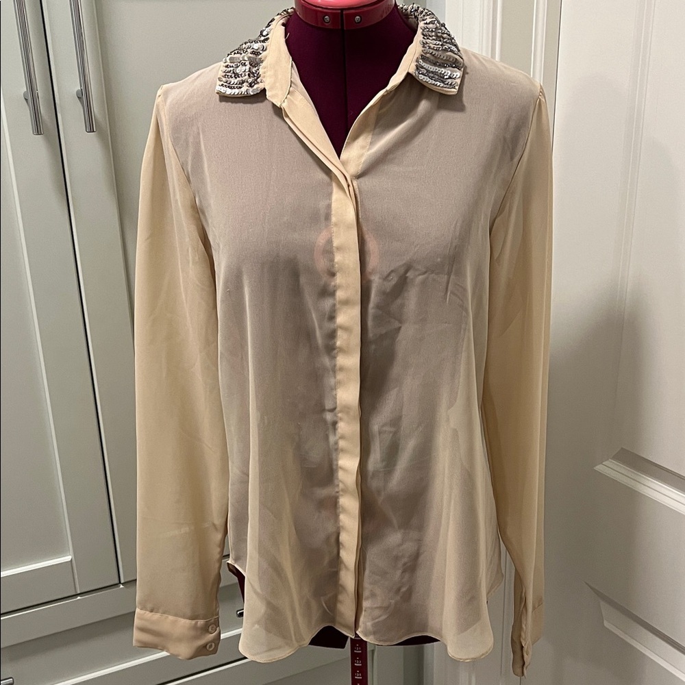 ANTHROPOLOGIE SANCTUARY Cream Sheer Blouse Embellished Sequin Collar Size Large